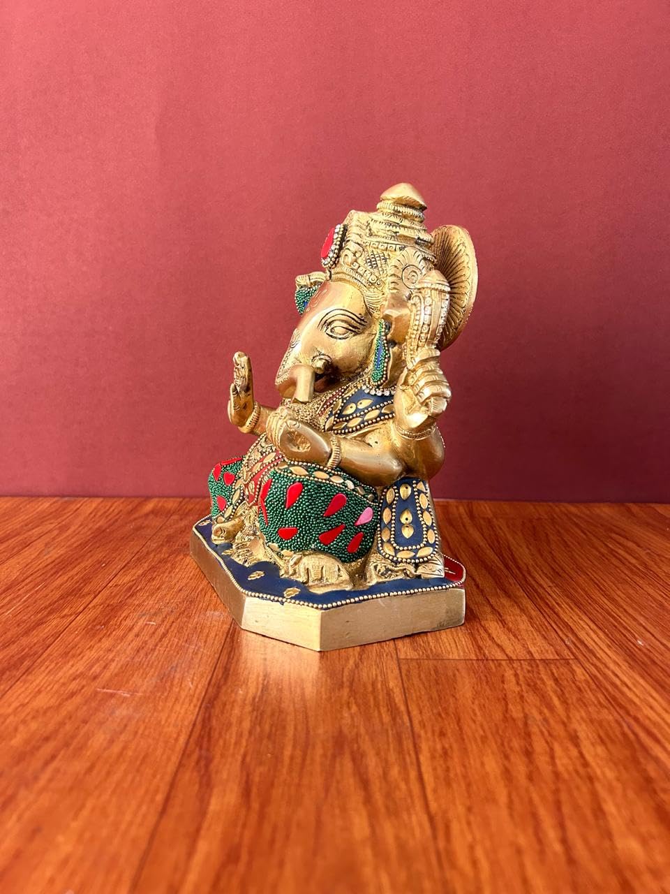 Mridaya Brass Ganesha Statue With Mosaic Stonework, 20 Cm Brass Ganesh Statue, Ganpati Idol, Good Luck Gift For New Beginnings,